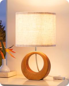 Boho Small Wood Table Lamp with Linen Shade