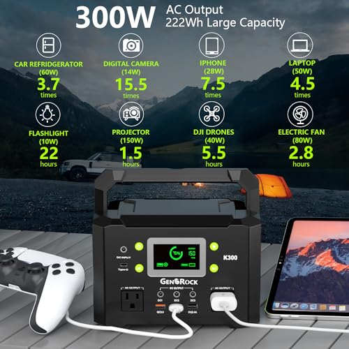 GENSROCK 300W Portable Power Station, 222Wh Solar Generator