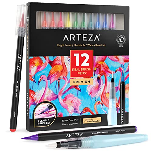 Arteza Brush Pens Set, 12 Bright Blendable Colors