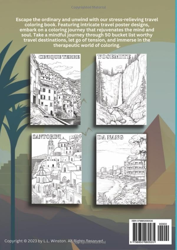 World Travel Coloring Book: 50 Pages for Mindful Stress Relief
