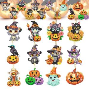 12 Halloween Cat & Pumpkin Diamond Art Keychains