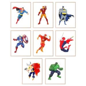 Superhero Posters Set for Kids' Rooms, 8 Pack
