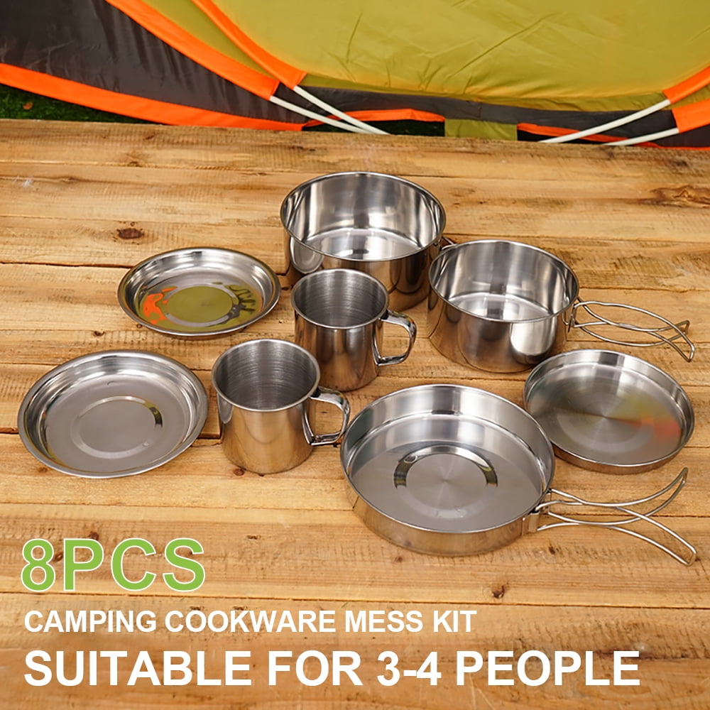 Stainless Steel Camping Cookware Set with Plates and Cups