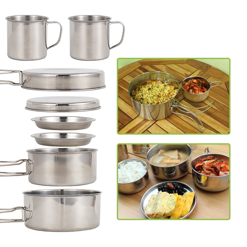 Stainless Steel Camping Cookware Set with Plates and Cups