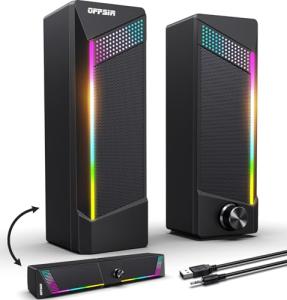 Computer Speakers, 2 in 1 PC Speaker , Gaming Speakers for PC Computer Laptop Desktop Monitor, RGB Speakers with Touch Sensitive Lighting, USB Powered 3.5mm Aux（Package Only Two Speaker, No Soundbar）