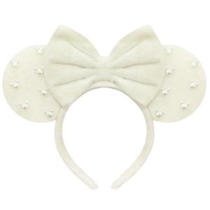 Beige Fuzzy Mouse Ears Headband with Bows
