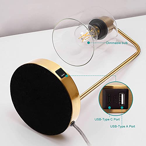 Gold Industrial Desk Lamp with USB Ports and Dimmable Light