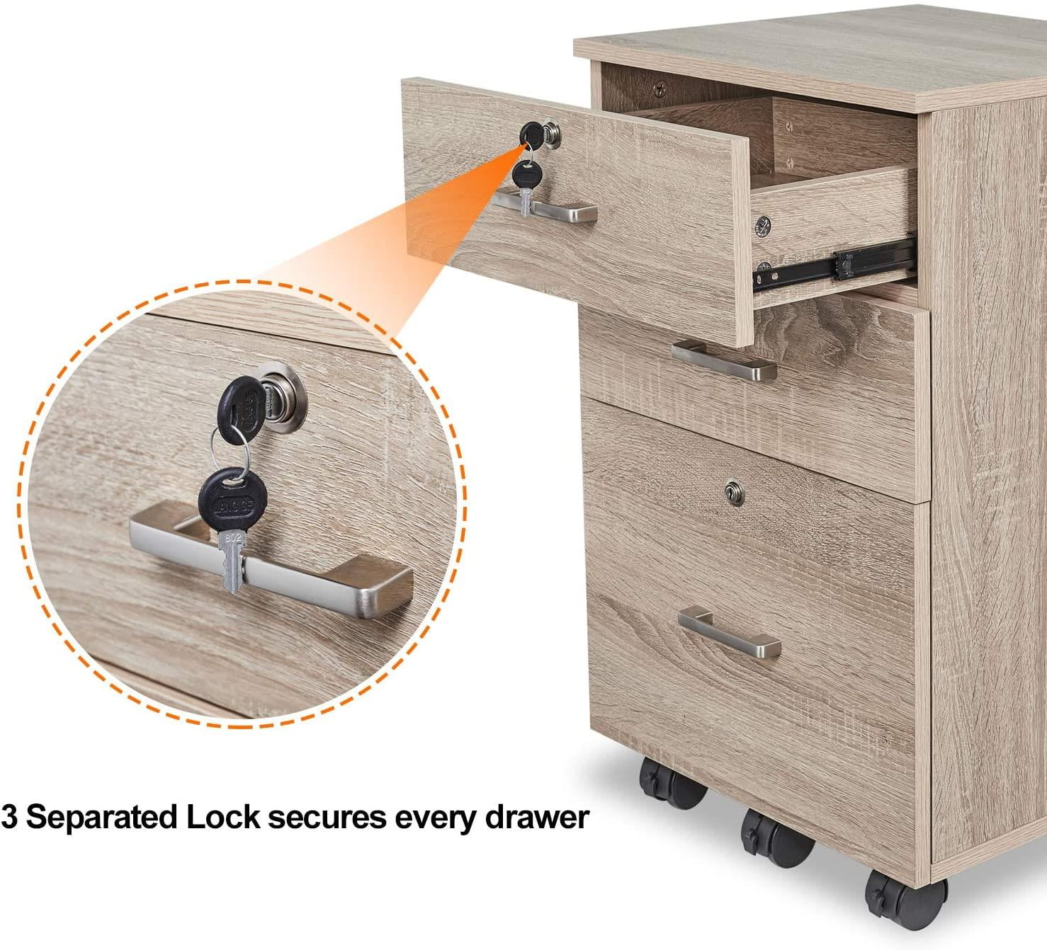 3-Drawer Locking Rolling Wood File Cabinet