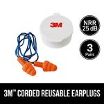 3M Reusable Corded Earplugs, 3 Pack, NRR 25 dB