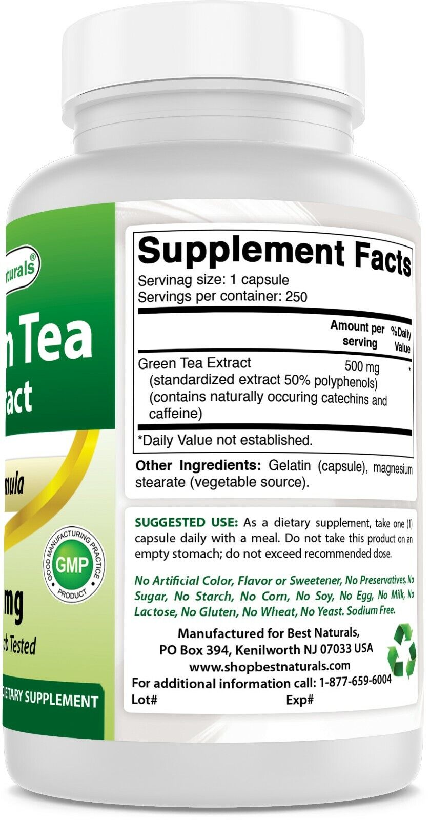 Green Tea Extract - 500mg, 250 Capsules