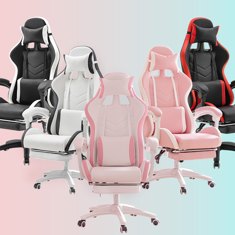 Cute Pink Ergonomic Gaming Chair with Leg Rest