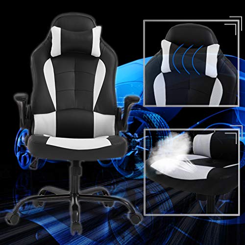 BestOffice PC Gaming Chair Ergonomic Office Chair Desk Chair with Lumbar Support Flip Up Arms Headrest PU Leather Executive High Back Computer Chair for Adults Women Men (White)