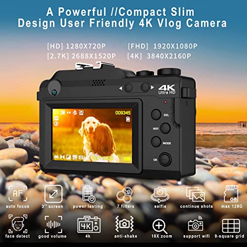 4K Vlogging Camera with WiFi, 48MP, 18X Zoom