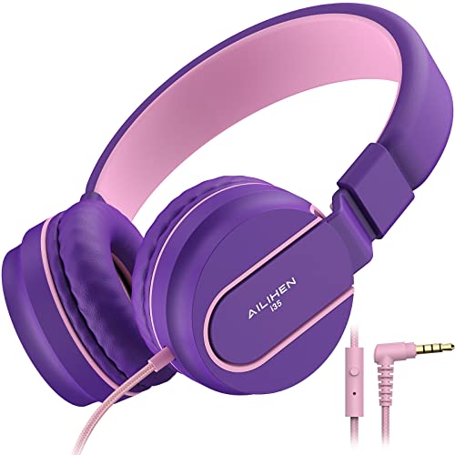 AILIHEN I35 Kids Headphones Wired with Microphone Volume Limited 93dB Children Girls Boys Teen Lightweight Foldable Headset for School Online Course Chromebook Cellphones Tablets (Pink Purple)