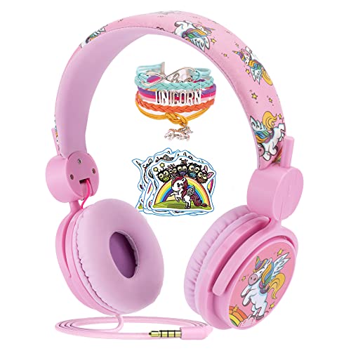 Joofooby Kids Unicorns Headphones with Mic for Travel/Car/Plane/School,Unicorns Gifts for Girls with Gifts Box,On/Over Ear HD Stereo with 95dB Volume Limited,Wired Headsets with Nylon Cable (Pink)