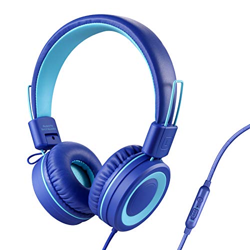POWMEE P10 Kids Headphones with Microphone Stereo Headphones for Children Boys Girls,Adjustable 85dB/94dB Volume Control Foldable On-Ear Headphone with Microphone for School/PC/Cellphone(Blue)