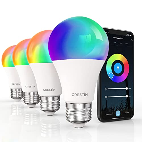 CRESTIN Smart Light Bulbs LED, RGBCW Color Changing Light Bulbs 2.4GHz WiFi &Bluetooth, Dimmable, Music Sync, Schedules, A19 E26, 9W=60W, 800LM Work with Alexa&Google Assistant, No Hub Required 4 Pack