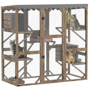 Wooden Outdoor Cat Enclosure with Platforms and Boxes