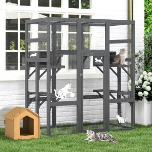 Large Outdoor Wooden Catio with Perches and Platforms