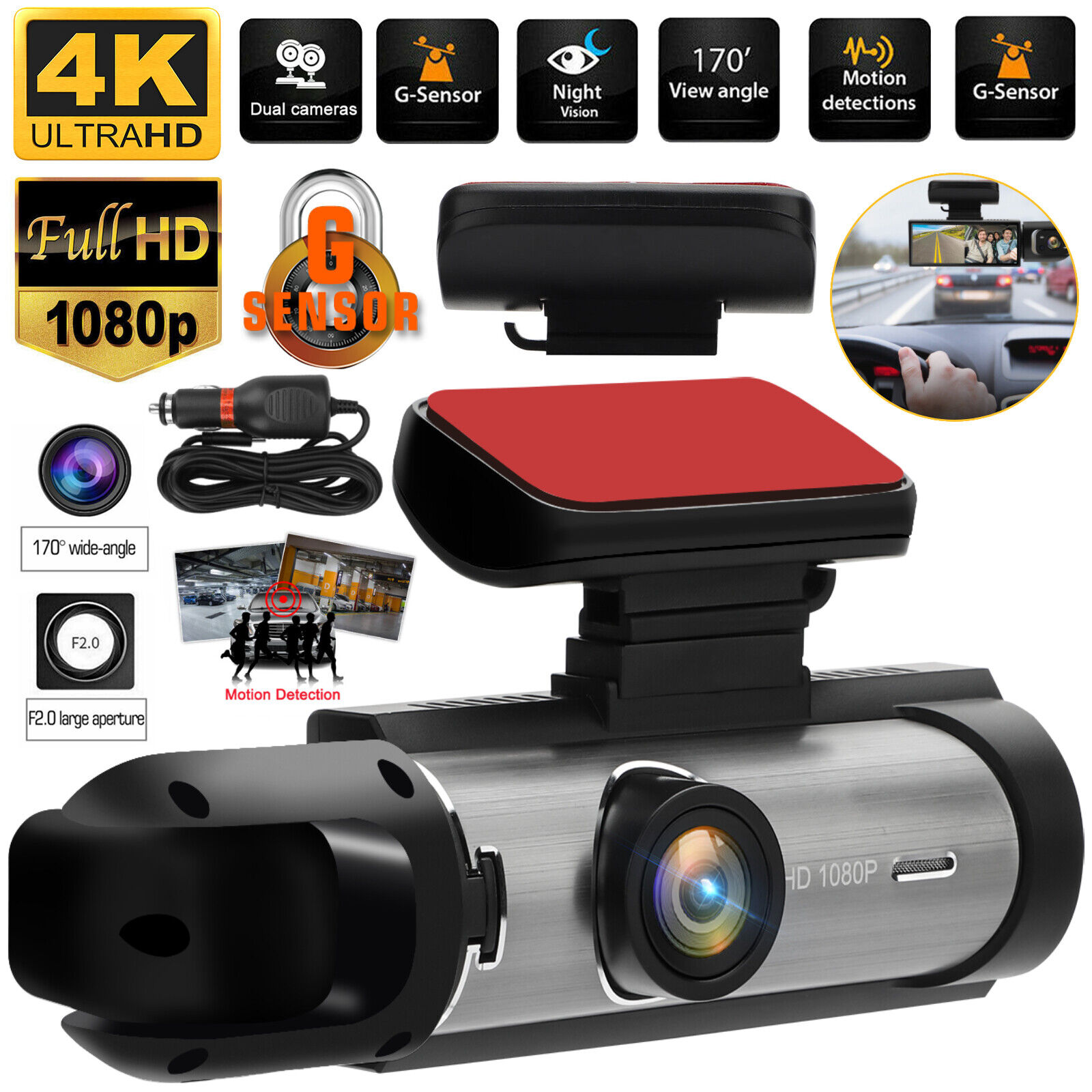 1080P Dual Lens Car Dash Camera with G-Sensor