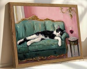 Whimsical Cat and Wine Wall Art 12x16