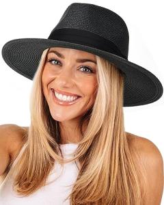 Women’s Black Wide Brim Straw Panama Hat | Stylish Sun Hat for Winery Outfits, Wine Tasting & Summer Travel