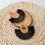 Black Boho Raffia Tassel Earrings for Women | Winery Outfit Jewelry, Vineyard Fashion & Wine Tasting Accessories
