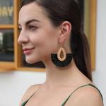 Black Boho Raffia Tassel Earrings for Women | Winery Outfit Jewelry, Vineyard Fashion & Wine Tasting Accessories
