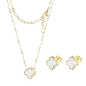 Gold & Mother of Pearl Clover Pendant Necklace and Earrings Set for Women | Winery Outfit Jewelry & Wine Tasting Accessories