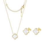 Gold & Mother of Pearl Clover Pendant Necklace and Earrings Set for Women | Winery Outfit Jewelry & Wine Tasting Accessories