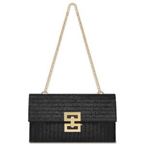Black Straw Clutch Purse with Gold Chain for Women | Chic Winery Outfit Handbag & Vineyard Fashion Accessory