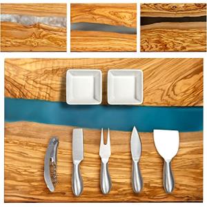 Olive Wood Cheese Board Set with Blue Resin