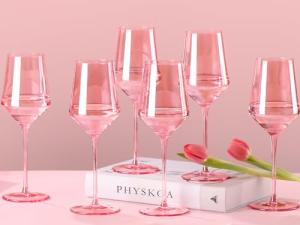 Set of 6 Physkoa Pink Hand Blown Wine Glasses