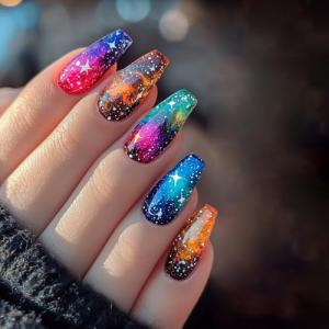 Colorful Starry Sky Press-On Nails – 24 Pcs