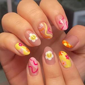 24 Pcs Flower Press-On Short Almond Nails
