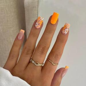 Orange Flower Press-On Nails with French Tips
