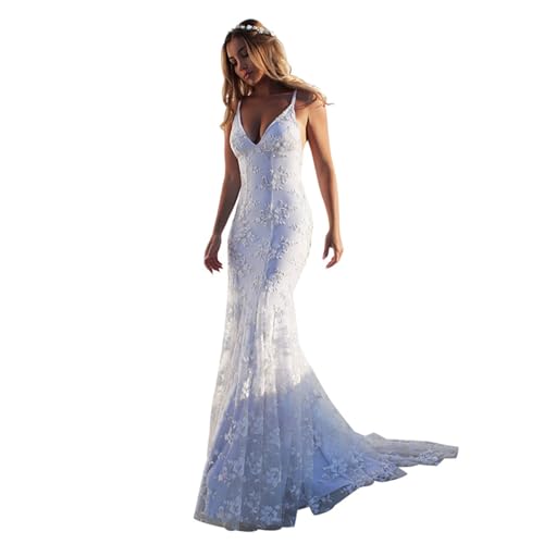 Lace Applique Mermaid V Neck Wedding Dress Bride