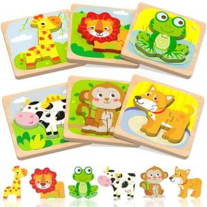 Wooden Animal Puzzles for Toddlers - 6 Pieces