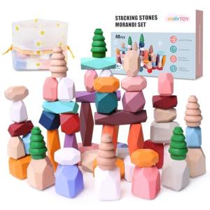 48 PCS Wooden Stacking Rocks for Kids
