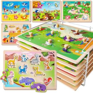 Wooden Animal Puzzles for Toddlers, 6-Set