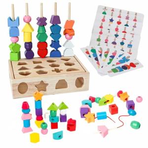 Montessori 3-in-1 Wooden Beads & Stacking Toy
