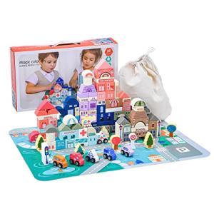 Xylolin Wooden Building Blocks Set, 115 Pieces City Construction Stacking Blocks Toys, Preschool Learning Educational Toys Boys Girls Age 3 4 5 6 Years Old