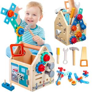 Montessori Toddler Tool Set - 33 PCS Wooden Kids Tools with Box / Bench, Montessori Educational Pretend Play Preschool Toys Gifts for 2 3 4 5 Year Old Boy Girl Kids, STEM Fine Motor Skills Tool Set
