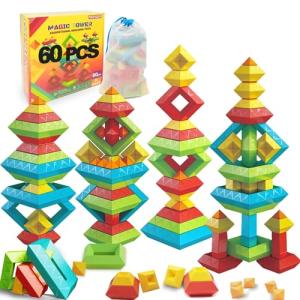 Stacking Toys Building Blocks for Toddlers 60 PCS Montessori Toys for 3 4 5 6 Year Old Sensory Toys Preschool Learning Activities Stem Educational Pyramid Magic Tower Gifts Set for Kids Boys Girls