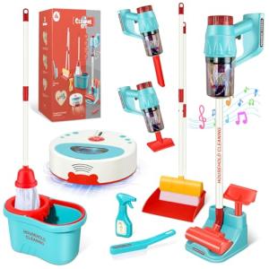 Hazms 10 Pcs Kids Cleaning Toy Set, 3-in-1 Kids Vacuum That Really Works, Toddler Broom and Cleaning Set for Kid Play Home Cleaning - Perfect Toddler Vacuum Toy Gifts for Boys & Girls Ages 3+