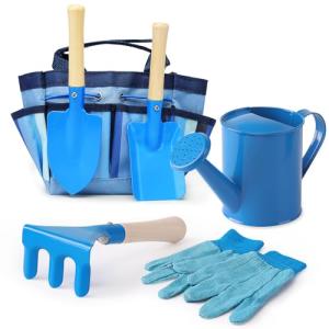 Kids Gardening Tools Set, Toddler Play Kit Child Outdoor Toy with Gloves, Watering Can, Metal Shovel, Rake, Spade & Storage Bag, Backyard Sand Digging Christmas Birthday Gift for Boy Girl 3 4 5 (Blue)