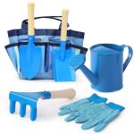 Kids Gardening Tools Set, Toddler Play Kit Child Outdoor Toy with Gloves, Watering Can, Metal Shovel, Rake, Spade & Storage Bag, Backyard Sand Digging Christmas Birthday Gift for Boy Girl 3 4 5 (Blue)