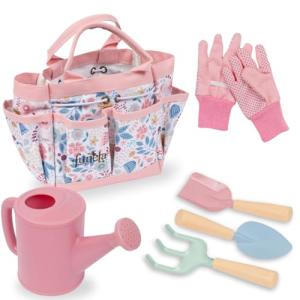 Funeta Floral Kids Gardening Set - Toddler Garden Tools, No-Leak Watering Can & Quality Tote Bag - Safe Metal Tools for Kids