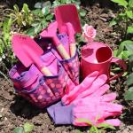 Kids Gardening Tools Set, Toddler Play Kit Child Outdoor Toy with Gloves, Watering Can, Metal Shovel, Rake, Spade & Storage Bag, Backyard Sand Digging Christmas Birthday Gift for Boy Girl 3 4 5 (Pink)