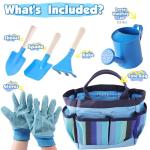 Kids Gardening Tools Set, Toddler Play Kit Child Outdoor Toy with Gloves, Watering Can, Metal Shovel, Rake, Spade & Storage Bag, Backyard Sand Digging Christmas Birthday Gift for Boy Girl 3 4 5 (Blue)